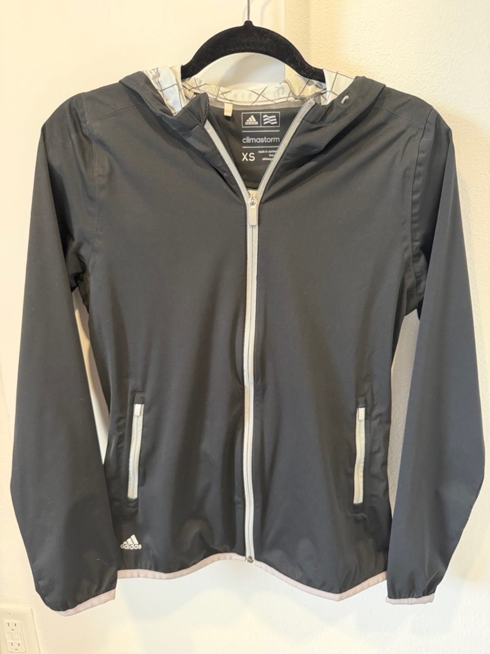 adidas Black Hooded Climastorm Jacket with Light Gray Trim